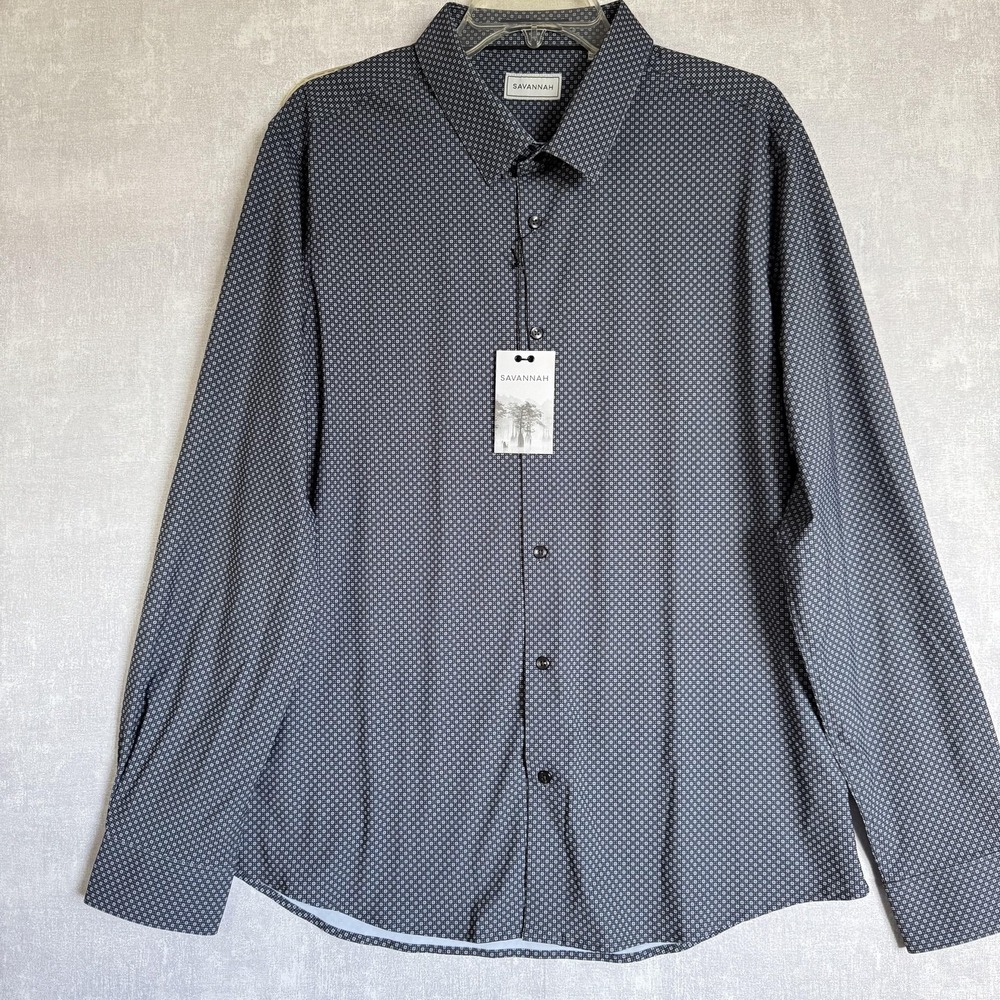 Savannah Shirt Mens 2XL‎ XXL Gray Micro Print Stretch Long Sleeve Button Down